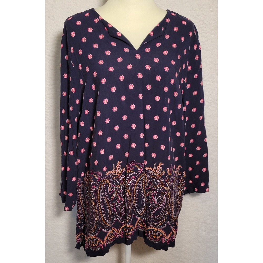 Talbots Blouse Top Size XL Women's Tunic Boho Floral Paisley Navy Blue 0757